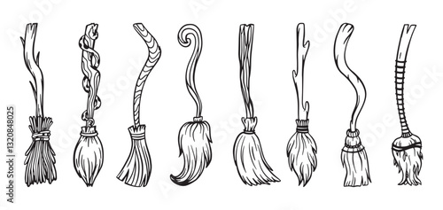 Doodle witch brooms. Magic flying broom for witches and wizards. Magical halloween time accessories, fantasy fairy tale transport, neoteric vector set