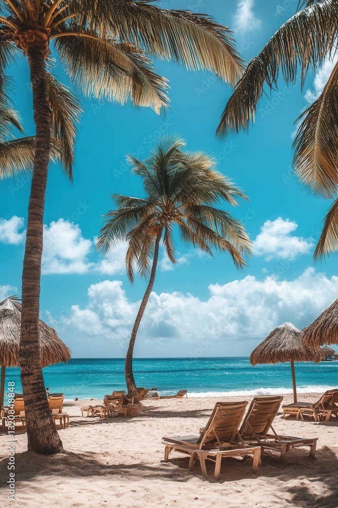 Obraz premium Tranquil beach resort with swaying palm trees under the warm sun, perfect for a relaxing getaway.
