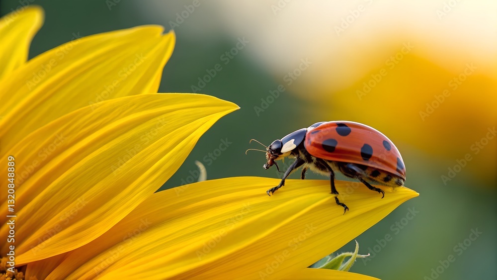 Ladybug on Sunflower: A vibrant ladybug, with its iconic red shell adorned with black spots, delicately rests on a sunny yellow sunflower petal, creating a striking contrast in this macro shot. Ladybug on Sunflower: A vibrant ladybug, with its iconic red shell adorned with black spots, delicately rests on a sunny yellow sunflower petal, creating a striking contrast in this macro shot.