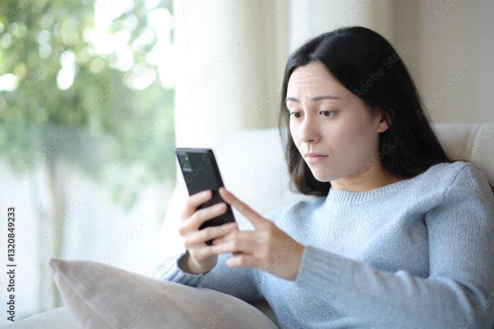 Disgusted asian woman watching media on phone Disgusted asian woman watching media on phone
