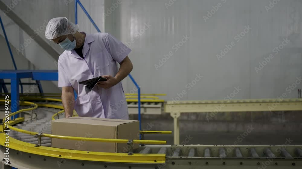 Employee working with packaging machine. Factory, technology. Employee working with packaging machine. Factory, technology.