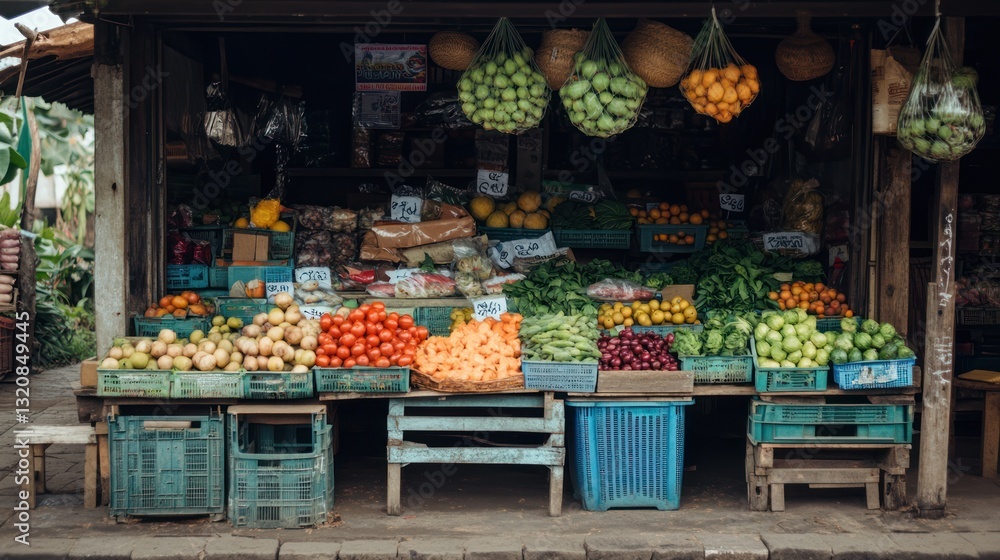 A local market stall full of fresh fruits and vegetables A local market stall full of fresh fruits and vegetables