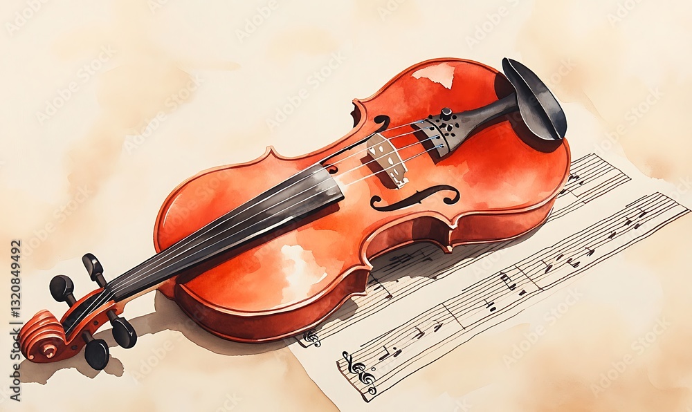 Fototapeta premium A violin resting on sheet music, showcasing artistry and musical elegance.