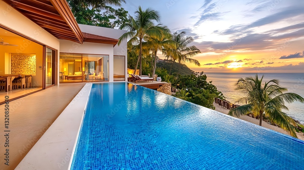 Fototapeta premium Luxury Villa Infinity Pool Sunset Ocean View - Luxury travel