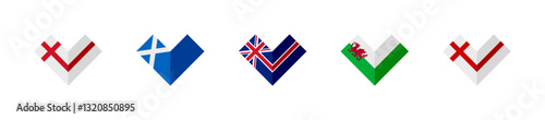 friendship concept. heart shaped icons of england, scotland, united kingdom, wales and northern ireland flags. vector illustration isolated on white background