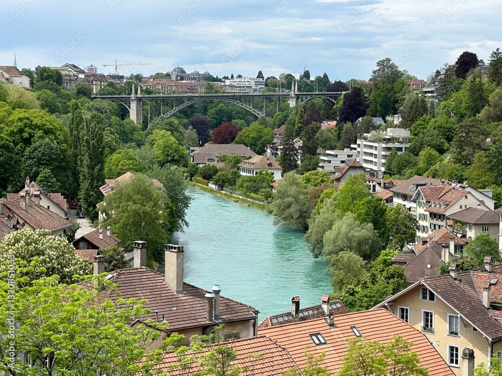 Kornhausbrücke bridge over the Aare River and the cityscape of Bern, Switzerland, May 2024