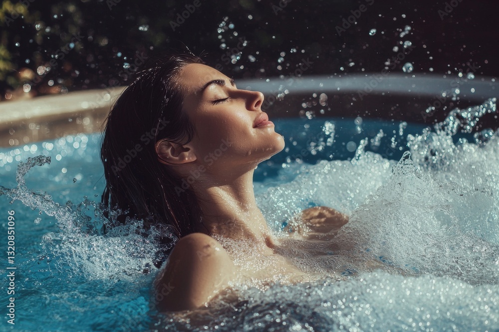 Obraz premium The girl is serene as she delights in the gentle flow of the waterfall and its soothing splashes in the spa resort's pool