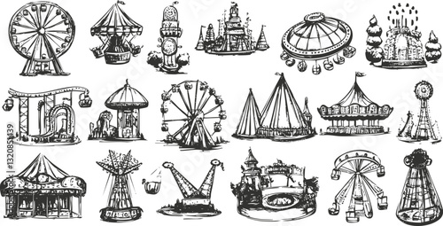 Black and white sketch of carnival rides and attractions illustration.