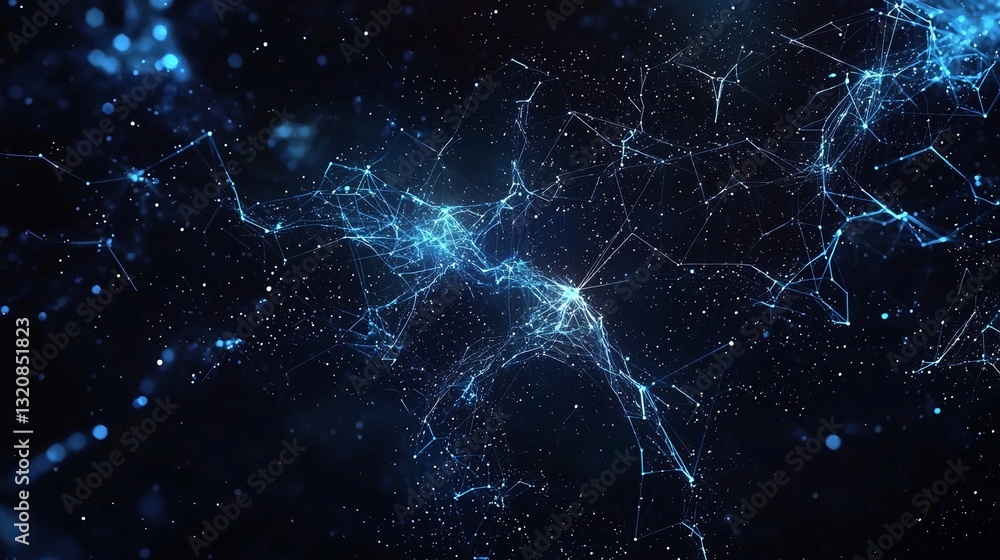 The concept of digital technology is represented through an abstract and futuristic visual, characterized by polygonal shapes on a dark blue background