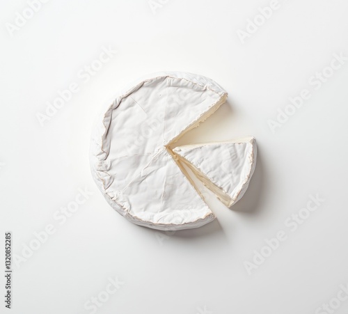 Brie Cheese Round with Slice Removed on Clean White Background