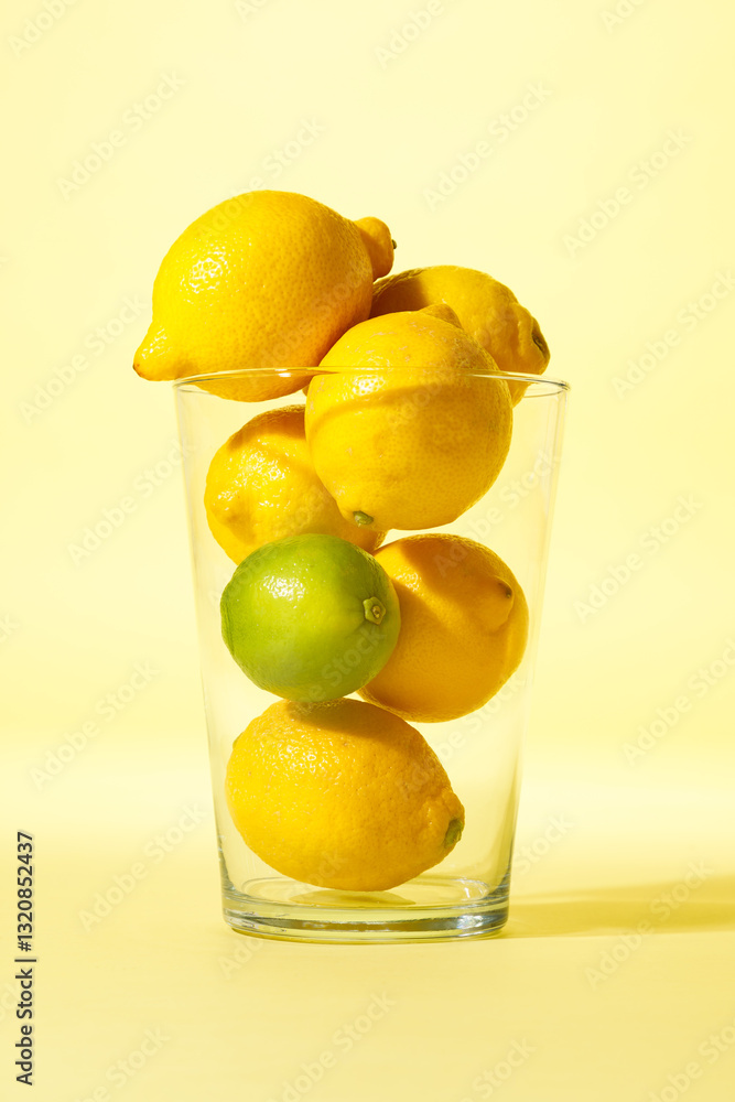 Lemons and limes in transparent glass vase against yellow background