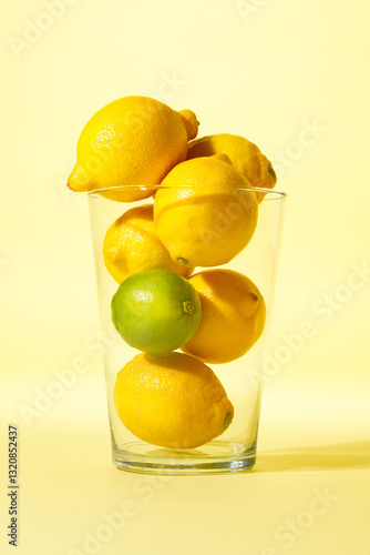 Obraz na płótnie Lemons and limes in transparent glass vase against yellow background w salonie