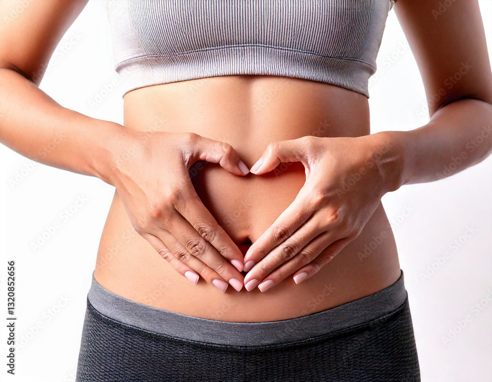 Close up of woman's hands made heart on belly isolated on white background.health care concept.