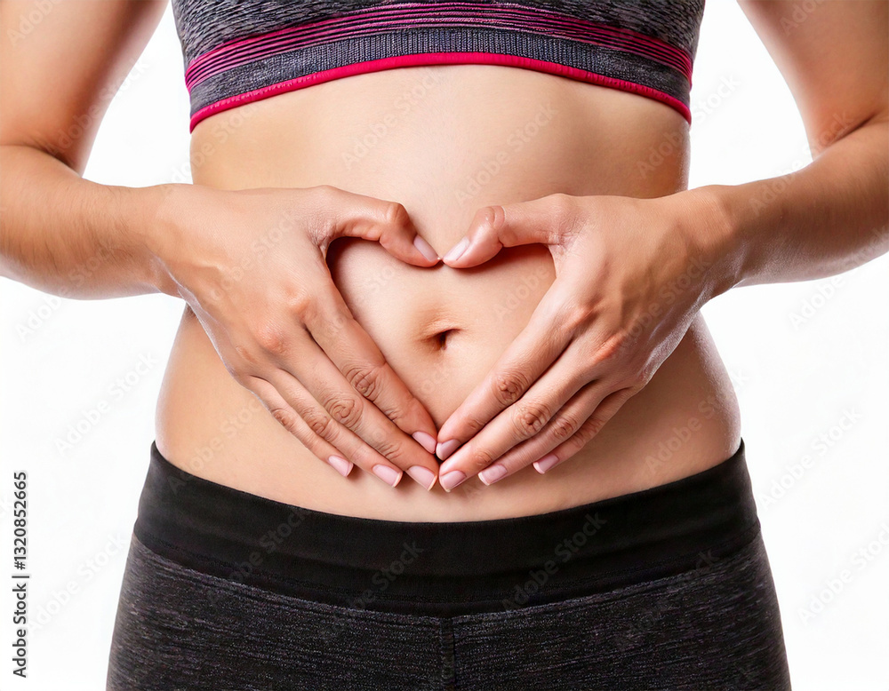 Close up of woman's hands made heart on belly isolated on white background.health care concept.