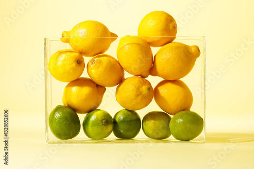 Obraz na płótnie Lemons and limes in transparent glass vase against yellow background w salonie