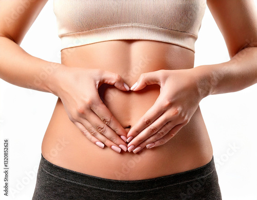 Obraz na płótnie Close up of woman's hands made heart on belly isolated on white background.health care concept. w salonie