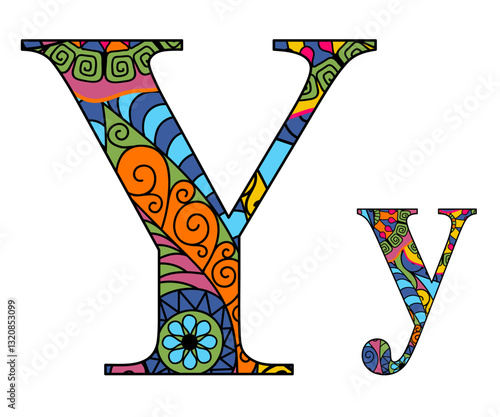 Vector image letter of the English alphabet with colorful vintage hand drawn pattern isolated on transparent background