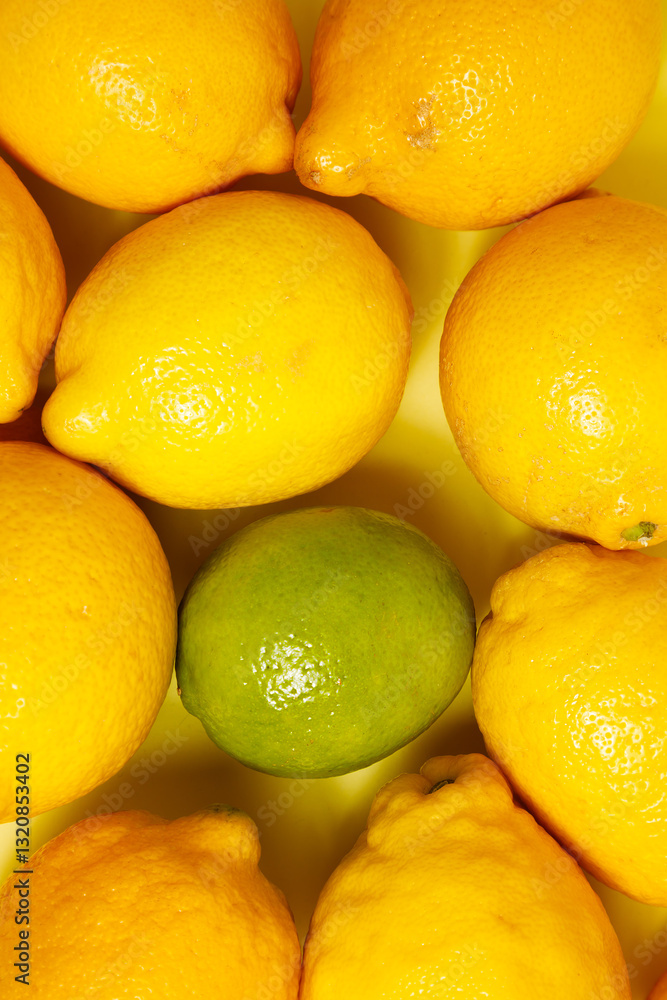 Lemons and lime against yellow background