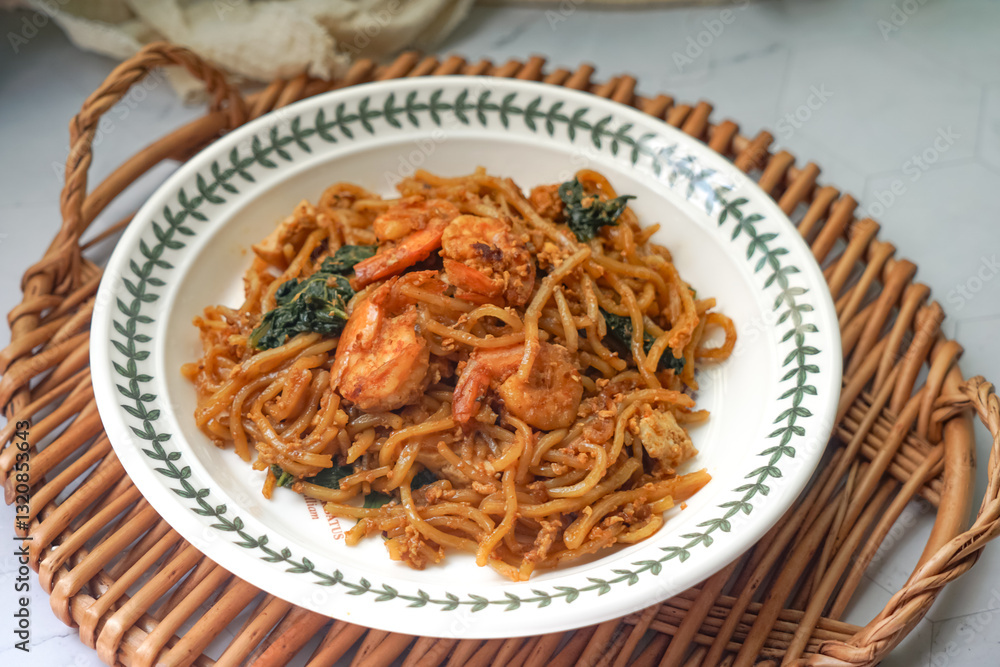 A plate of fried noodle with some vegetables and prawns. A plate of fried noodle with some vegetables and prawns.