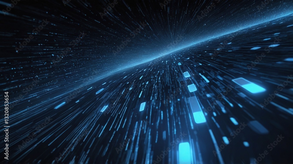 Fototapeta premium A Breathtaking Journey Through A Digital Cosmos, Shimmering With Electric Blue Streaks Of Light And Data Flowing Across A Dark Expanse