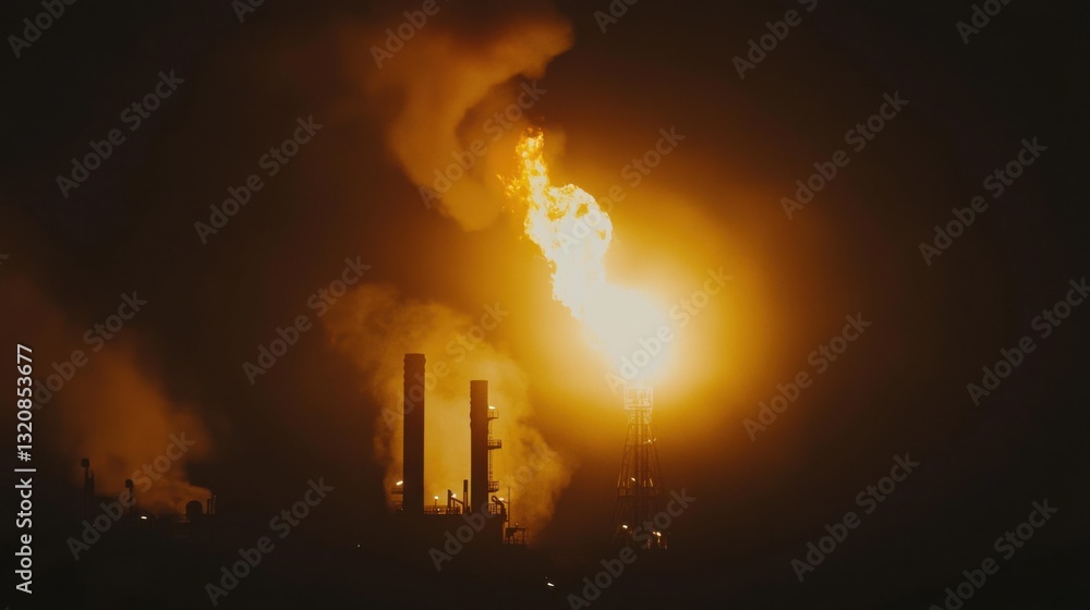 Fototapeta premium Oil refinery towers silhouetted against blazing night fire. Thick smoke and orange glow dominate the frame. Industrial risk and crisis intensity. For energy safety, news, and emergency visuals.