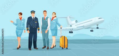 Airline crew, including pilots and flight attendants, standing at the airport terminal with a plane in the background. Aviation team concept. Vector illustration