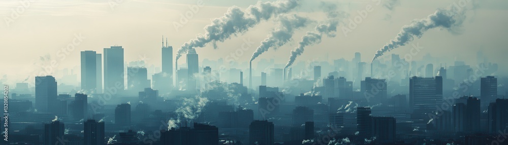 Obraz premium A cityscape enveloped in smog, highlighting the contrast between urban life and environmental challenges.