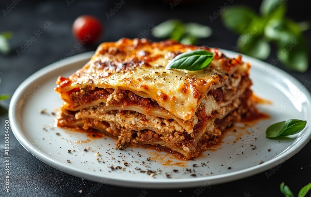 Serving of Delicious Lasagna with Tomato and Basil on a Plate Serving of Delicious Lasagna with Tomato and Basil on a Plate
