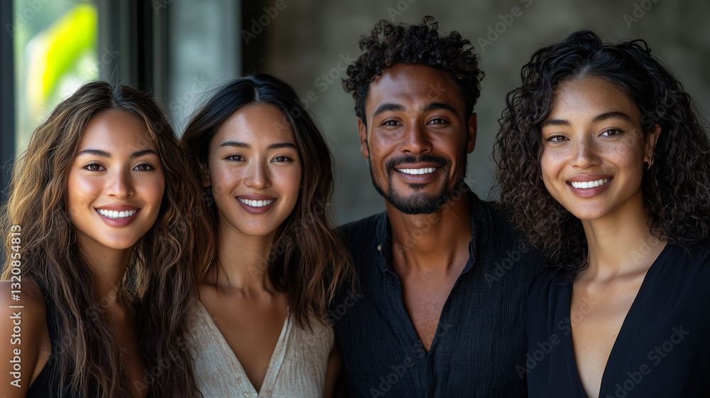 Diverse Multiracial Team in Office, Smiling Confident Individuals, Symbolizing Positivity and Unity Diverse Multiracial Team in Office, Smiling Confident Individuals, Symbolizing Positivity and Unity