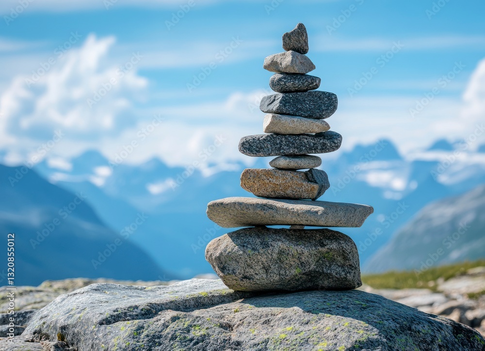 Rock Cairn Balancing on Mountain Top with Scenic Landscape View Rock Cairn Balancing on Mountain Top with Scenic Landscape View