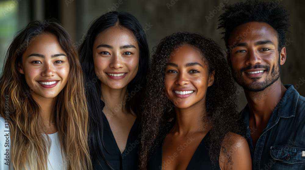 Fototapeta premium Diverse Multiracial Team in Office, Smiling Confident Individuals, Symbolizing Positivity and Unity