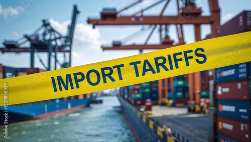 Tariffs on Shipping: Emphasizing the economic impact with a visual of containers and crane at a port with a warning label.
