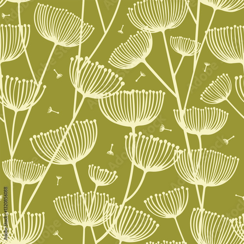 Seamless vector pattern with umbel flowers and flying seeds in green and white