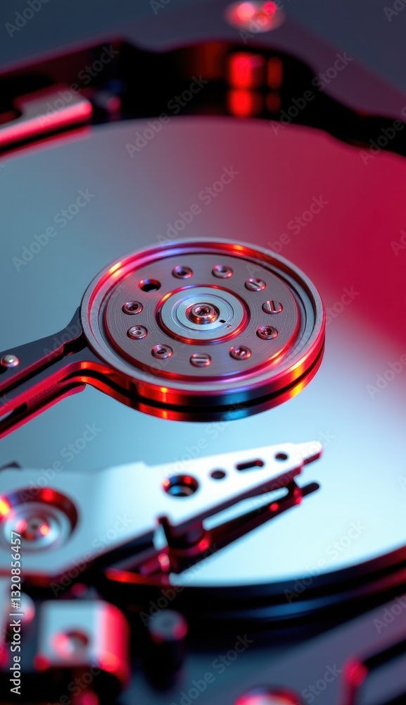 Close-Up of Hard Drive Mechanism with Reflective Surface and Lights Close-Up of Hard Drive Mechanism with Reflective Surface and Lights
