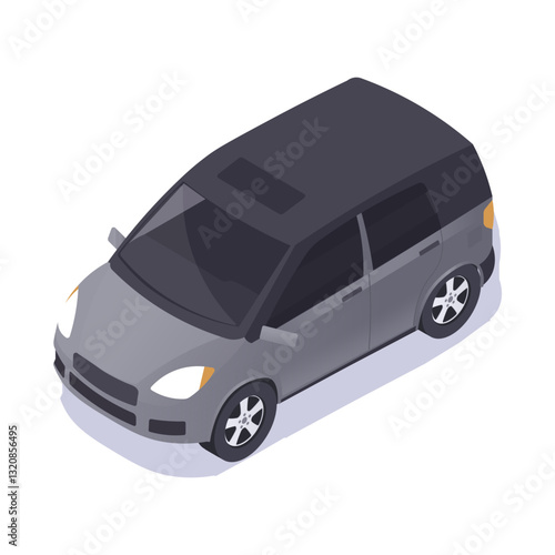 Isometric gray SUV car with black roof and tinted windows on a white background. Concept of modern transportation and vehicle design. Vector illustration