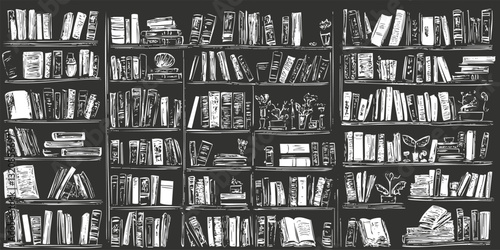 Chalkboard illustration of books on shelves, creating an educational theme.