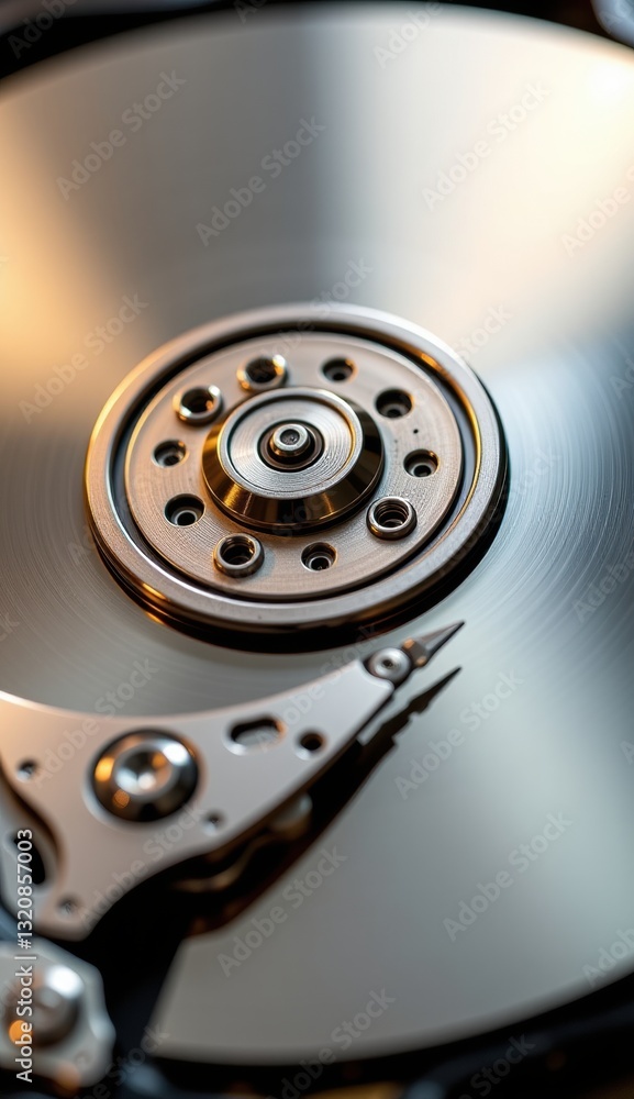 Close-Up of Hard Drive Mechanism with Reflective Surface and Lights Close-Up of Hard Drive Mechanism with Reflective Surface and Lights