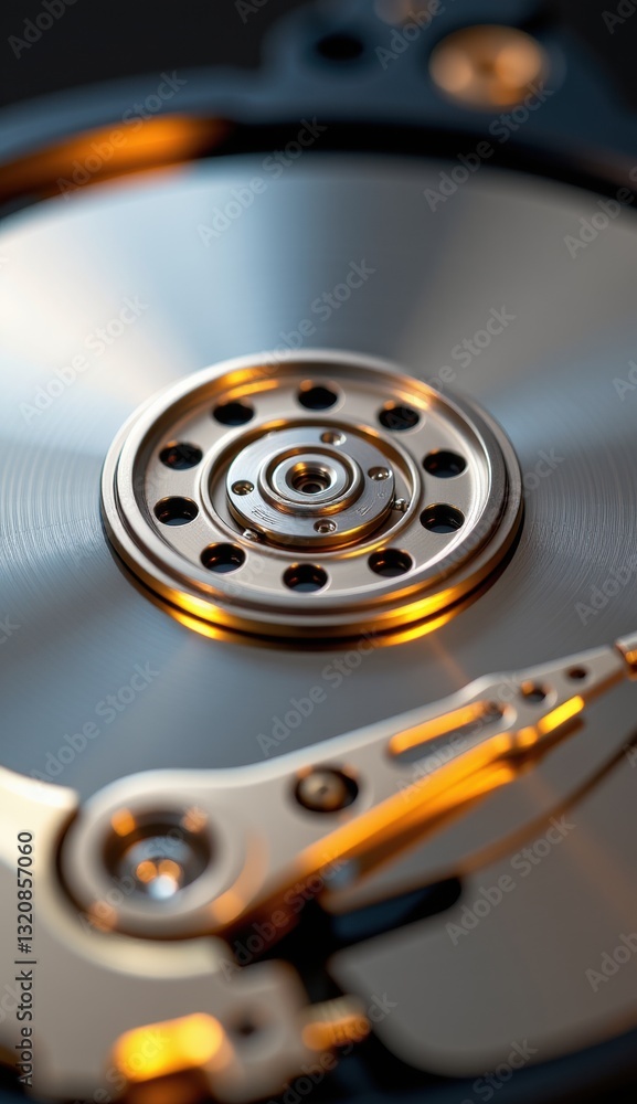 Close-Up of Hard Drive Mechanism with Reflective Surface and Lights Close-Up of Hard Drive Mechanism with Reflective Surface and Lights