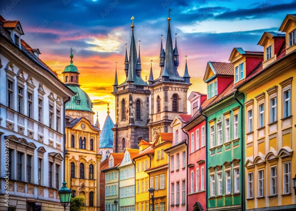 Fototapeta premium Colorful Prague Old Town Facades, Clock Tower & Steeples - Architectural Stock Photo