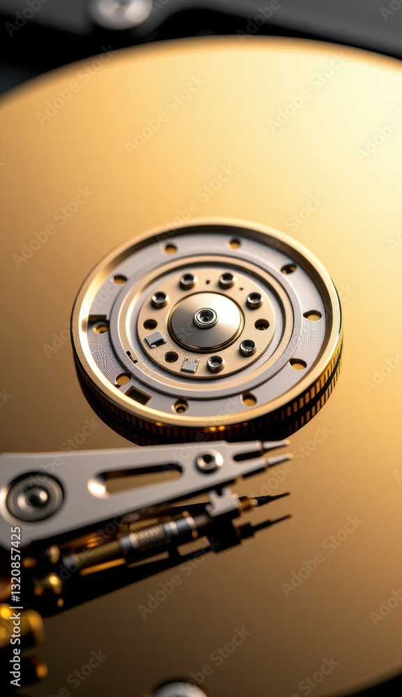 Close-Up of Hard Drive Mechanism with Reflective Surface and Lights Close-Up of Hard Drive Mechanism with Reflective Surface and Lights