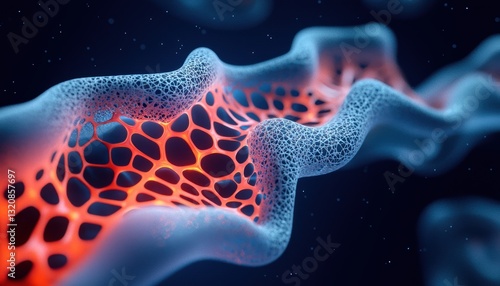Highly detailed microscopic biological cell with glowing membranes and intricate structures, futuristic medical science and biotechnology concept
