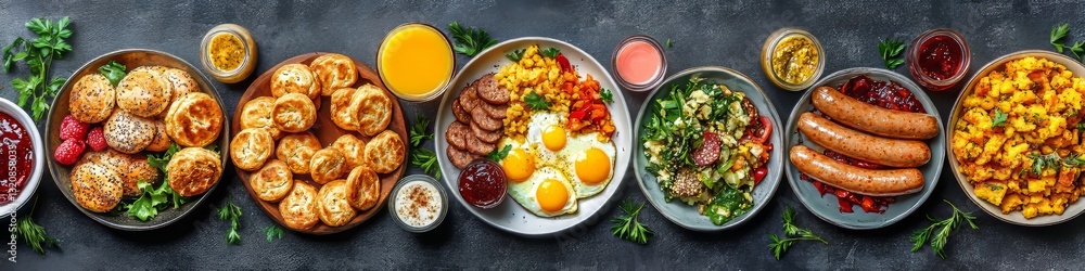 Variety of Breakfast Plates with Sausages, Eggs, Pastries, Fruits, and Vegetables, Top View Variety of Breakfast Plates with Sausages, Eggs, Pastries, Fruits, and Vegetables, Top View