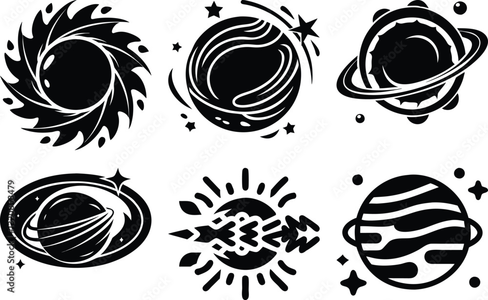 Black and White Space Icons Set: Cosmic Illustrations of Planets, Stars, and Celestial Bodies in Modern Vector Art Style Black and White Space Icons Set: Cosmic Illustrations of Planets, Stars, and Celestial Bodies in Modern Vector Art Style
