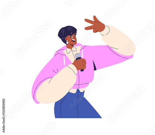 Happy singer performing with microphone. Smiling black woman posing with mic ...