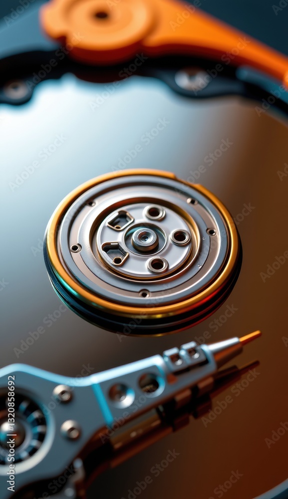 Close-Up of Hard Drive Mechanism with Reflective Surface and Lights Close-Up of Hard Drive Mechanism with Reflective Surface and Lights