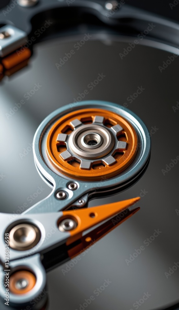 Close-Up of Hard Drive Mechanism with Reflective Surface and Lights Close-Up of Hard Drive Mechanism with Reflective Surface and Lights