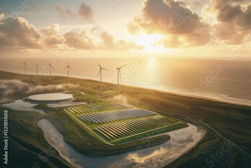 A field hosts a farm comprising wind turbines and solar panels, symbolizing the generation of renewable green energy, with the sunny landscape serving as a backdrop for the clean energy-producing