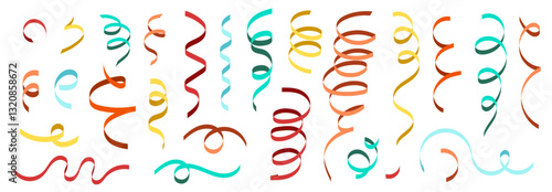 Collection of colorful curled ribbons in different shapes and styles on a white background. Decorative elements for celebration and festive designs. Vector illustration