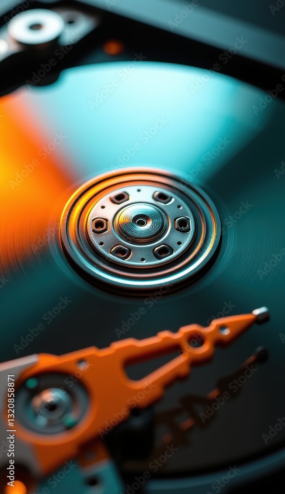 Close-Up of Hard Drive Mechanism with Reflective Surface and Lights Close-Up of Hard Drive Mechanism with Reflective Surface and Lights