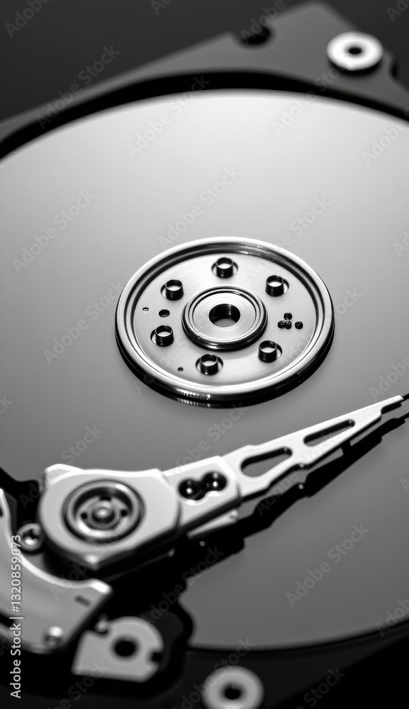 Close-Up of Hard Drive Mechanism with Reflective Surface and Lights Close-Up of Hard Drive Mechanism with Reflective Surface and Lights